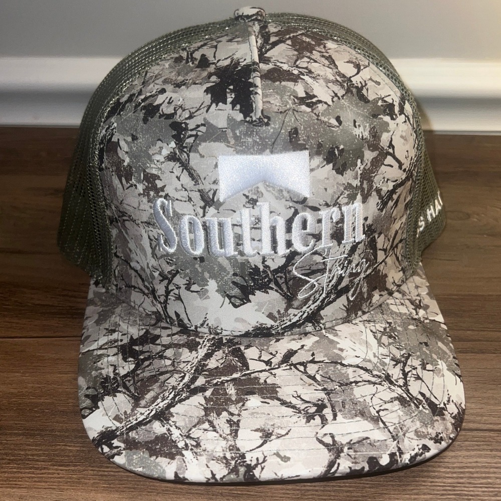 Southern String Hat Co Camo Trucker Hat Snapback Mesh Back Olive Grey White